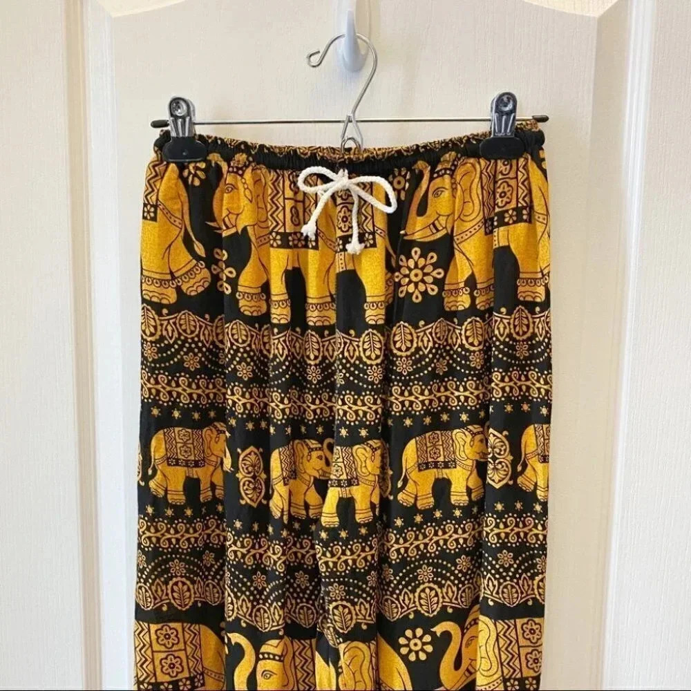 Black Gold Balloon Pants Flowy Draped Harem Joggers Elephant Print Size XS/S - Picture 6 of 15